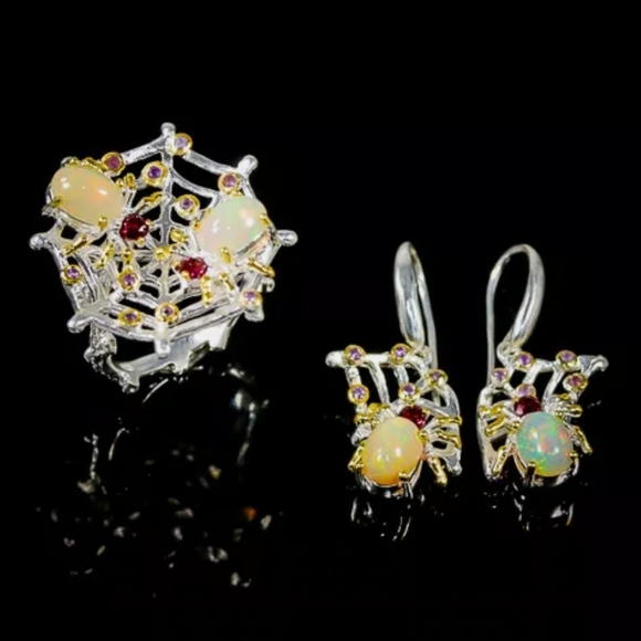 Incredible Opal Set Sterling Spiders Amethyst & Ruby earrings &ring size 8 - Picture 4 of 15